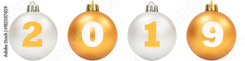 Golden and silver Christmas ball with number of year isolated on white background.