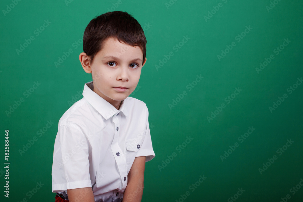 Boy in white shirt on green background, close-up portrait Boy in white shirt on green background, close-up portrait
