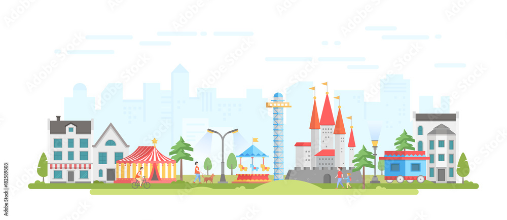City with amusement park - modern flat design style vector illustration