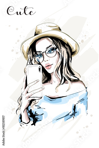 Hand drawn beautiful young woman making selfie. Fashion woman with phone. Stylish cute girl. Sketch.