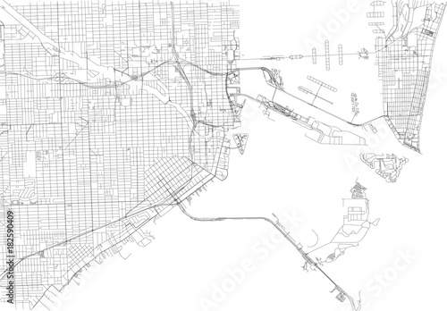 Strade di Miami centro, cartina della città, Florida, Stati Uniti. Stradario