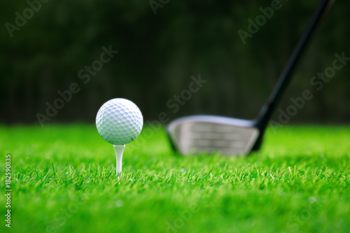 Golf club and ball on green grass