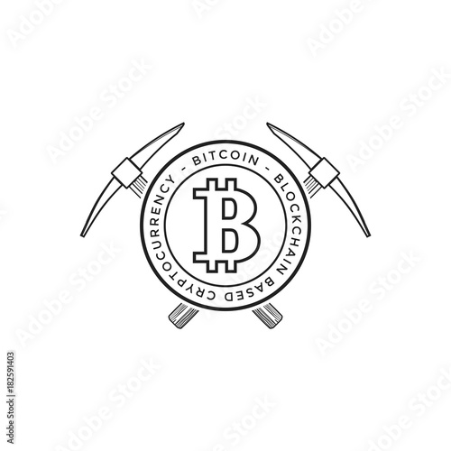 Bitcoin currency mining logo sign.