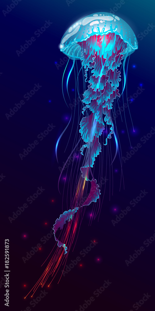 Vector illustration of fantasy glowing jellyfish in the ocean - obrazy, fototapety, plakaty 