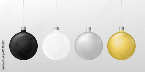 Set of three christmas balls: white, black, gold and silver on a white background. Vector, eps10.