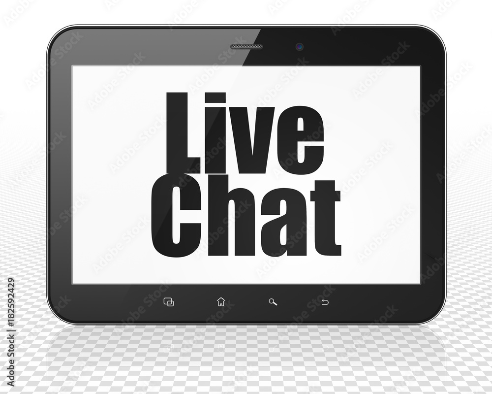 Web development concept: Tablet Pc Computer with black text Live Chat on display, 3D rendering Web development concept: Tablet Pc Computer with black text Live Chat on display, 3D rendering