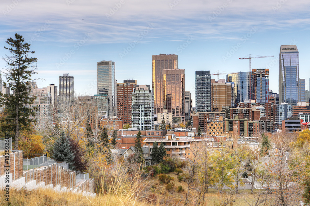 Calgary, Alberta skyline with fall foliage