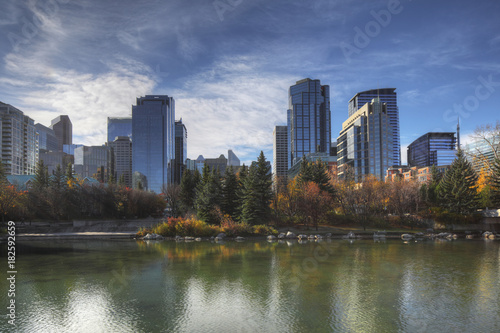 Calgary  Canada skyline with autumn foliage