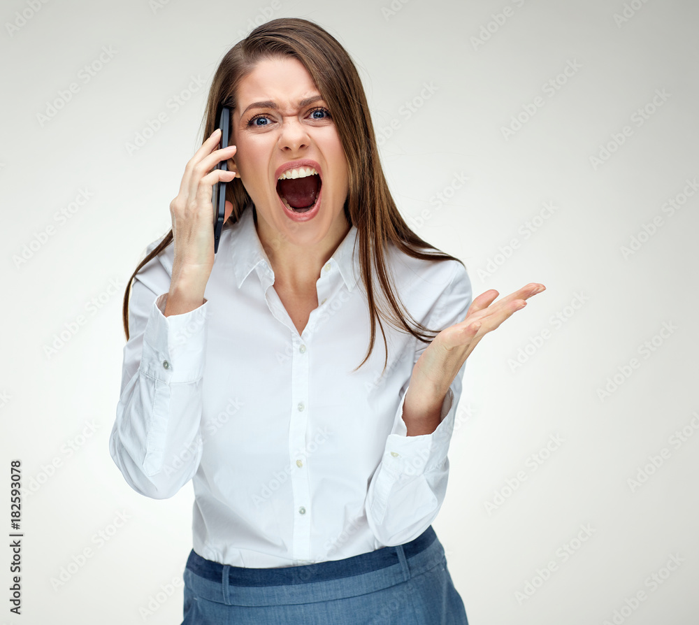 Angry woman boss shouting with phone. Angry woman boss shouting with phone.
