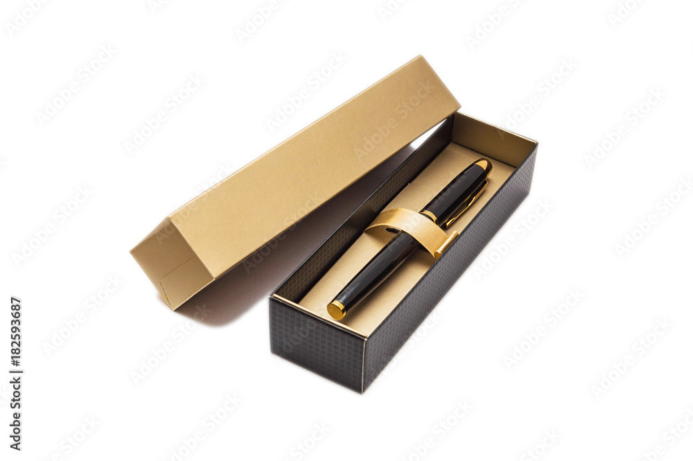 Pen in gift packing isolated on white background Pen in gift packing isolated on white background