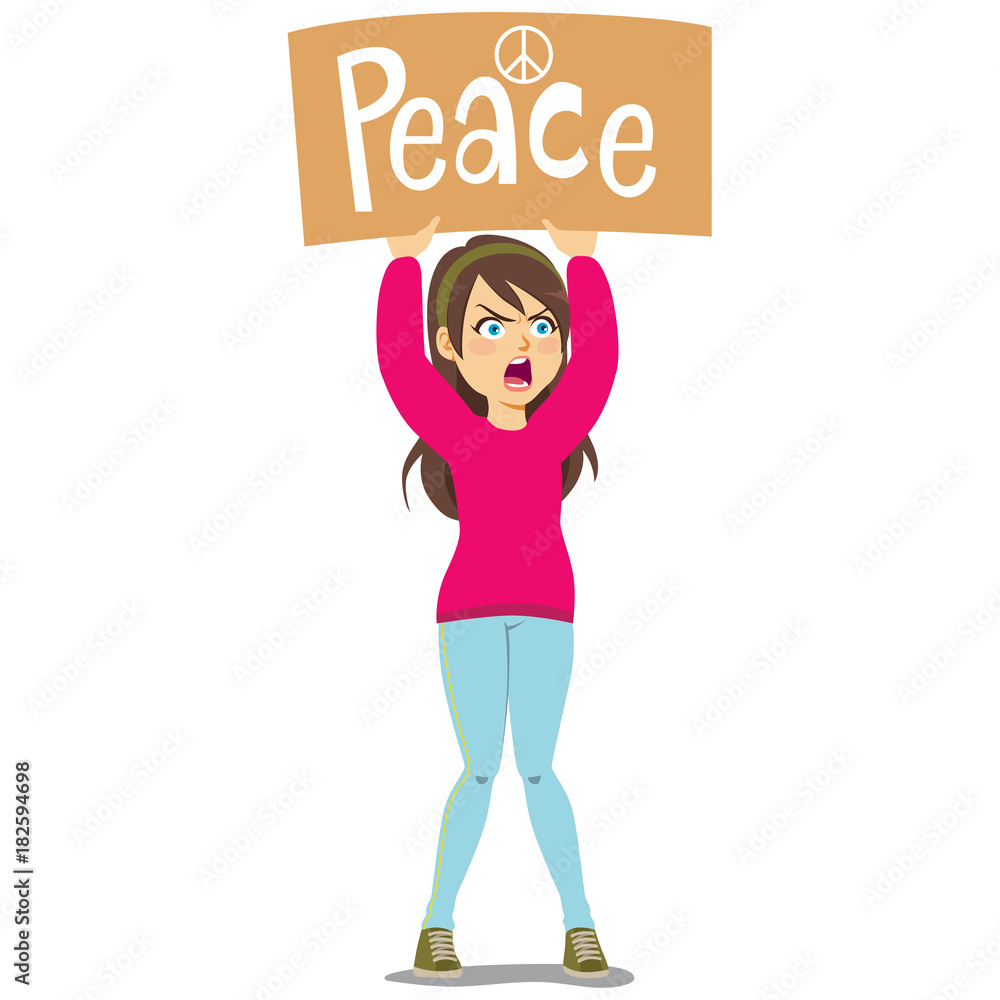 Young woman marching in protest with cardboard banner peace text screaming angry Young woman marching in protest with cardboard banner peace text screaming angry