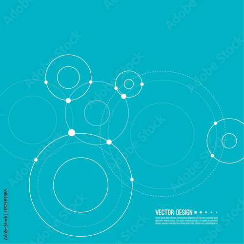 Vector abstract background with overlapping circles and dots. Chaotic motion. Round banner with empty space for text. Node molecule structure. Science and connection concept.