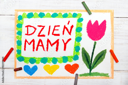 Colorful drawing: Happy Mother's Day Card with Polish words: Mother's day