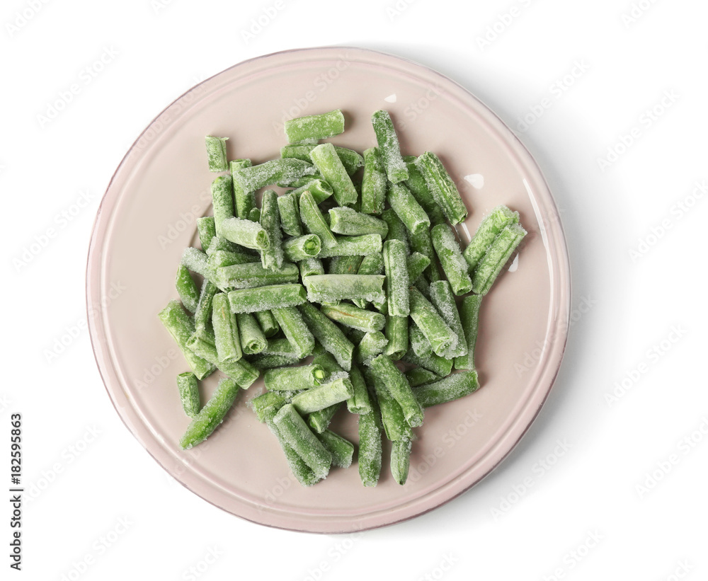 Plate with frozen green beans on white background Plate with frozen green beans on white background