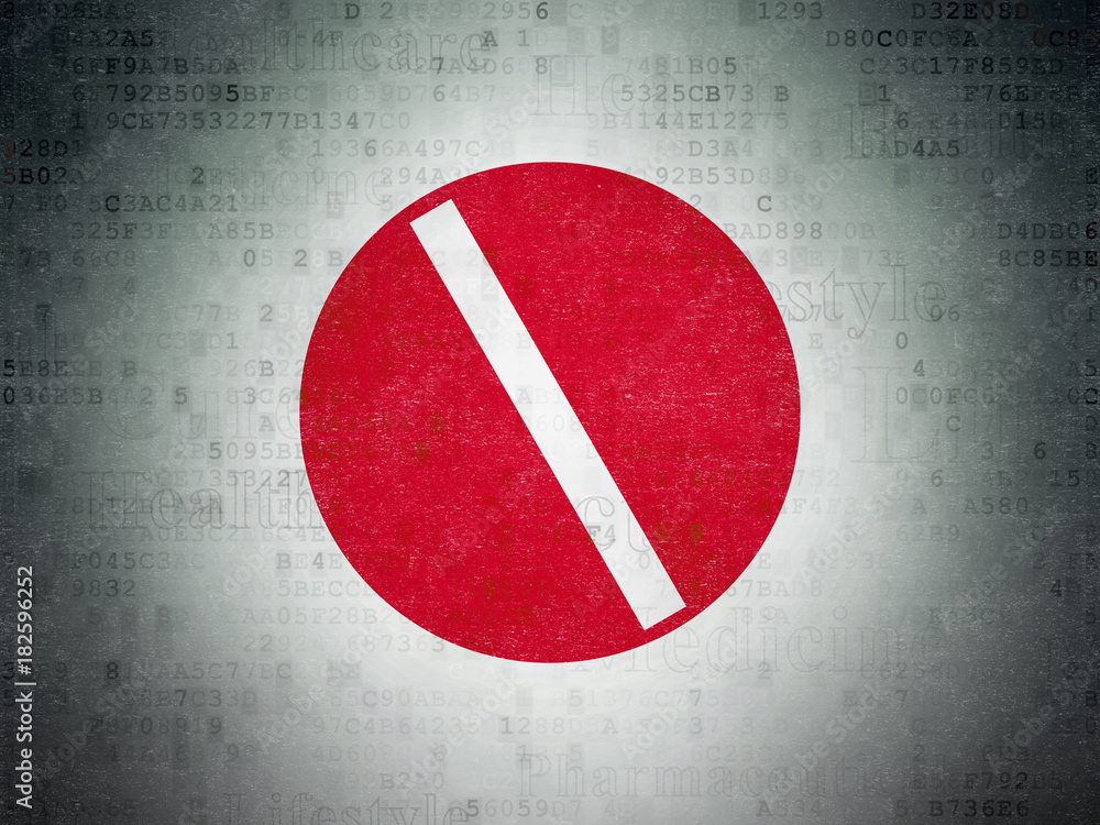 Naklejka premium Health concept: Painted red Pill icon on Digital Data Paper background with Tag Cloud