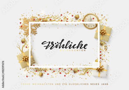 Wallpaper Mural German text Frohliche Weihnachten. Christmas bright background with golden Xmas decorations. Merry christmas and Happy New Year greeting card. Elegant Holiday Frame Torontodigital.ca