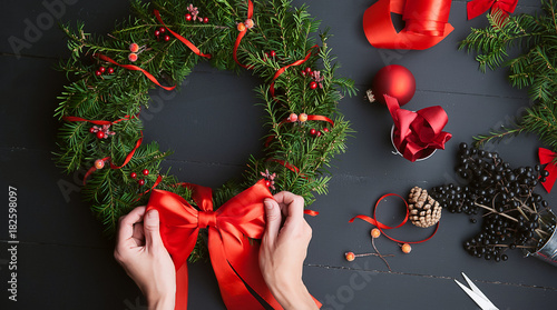 Obraz na płótnie mom makes a Christmas wreath with her own hands w salonie