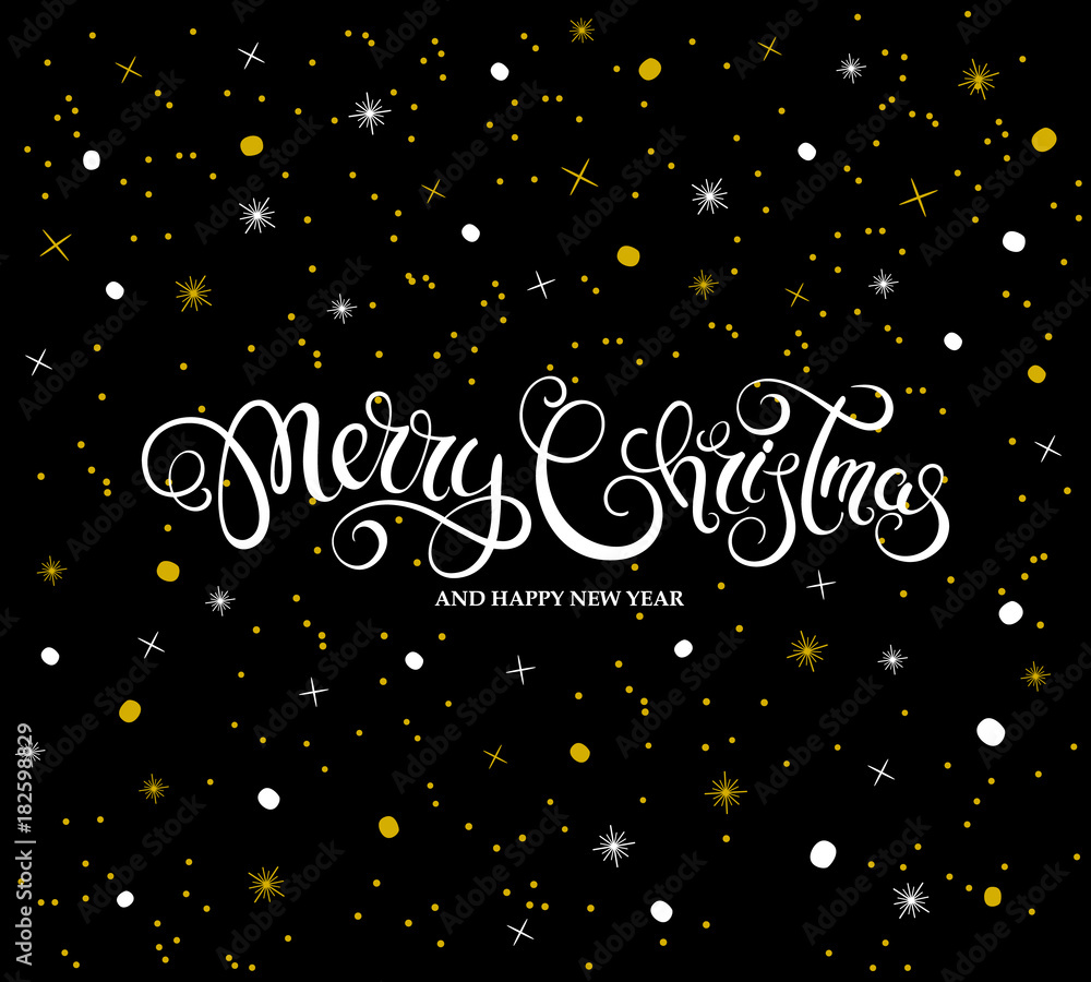 Merry Christmas and Happy New Year card with handwriting lettering and snowflakes. 