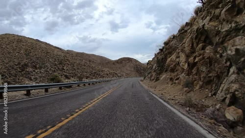 California Anza Borrego desert mountain road driving with car mount on route S2.
