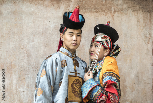 mongolian couple in traditional outfit