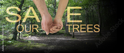 Fotografie Save our Trees Banner - male hand cupped in female hand making the V of SAVE on