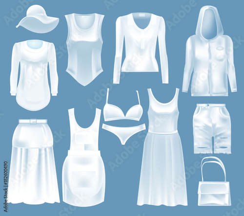 Set mockup of women s clothes. White variant template fashion clothes.