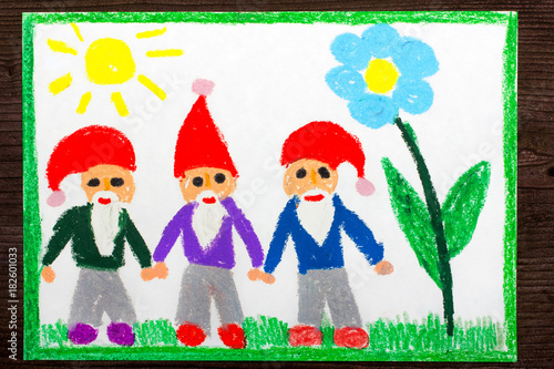 Wallpaper Mural Colorful drawing: three smiling dwarfs in red hats