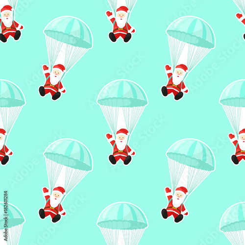 Santa Claus with a parachute. Vector illustration in cartoon style. Seamless pattern. Christmas picture.