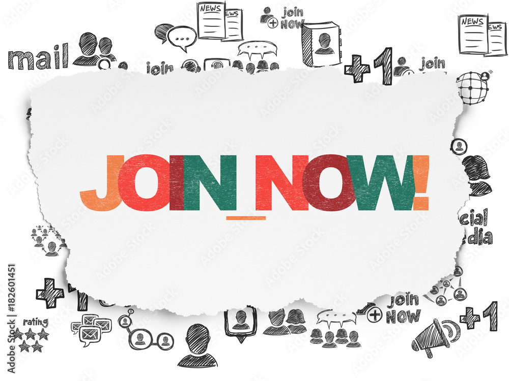 Fototapeta premium Social network concept: Painted multicolor text Join now! on Torn Paper background with Hand Drawn Social Network Icons