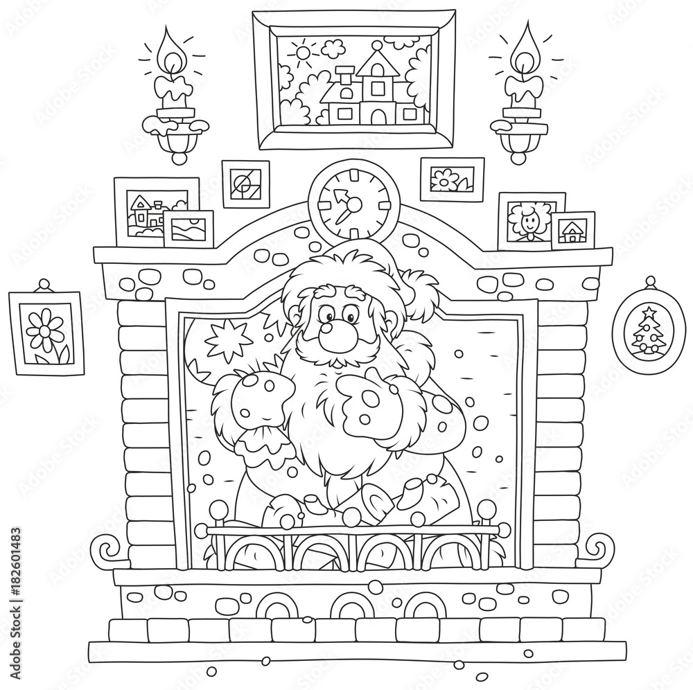 Fototapeta premium Santa Claus with his gift bag looking out of the fireplace