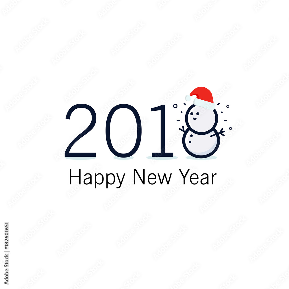 Happy new year and merry christmas 2018 sign. Greeting card with happy snowman standing in red christmas hat. Happy new year and merry christmas 2018 sign. Greeting card with happy snowman standing in red christmas hat.
