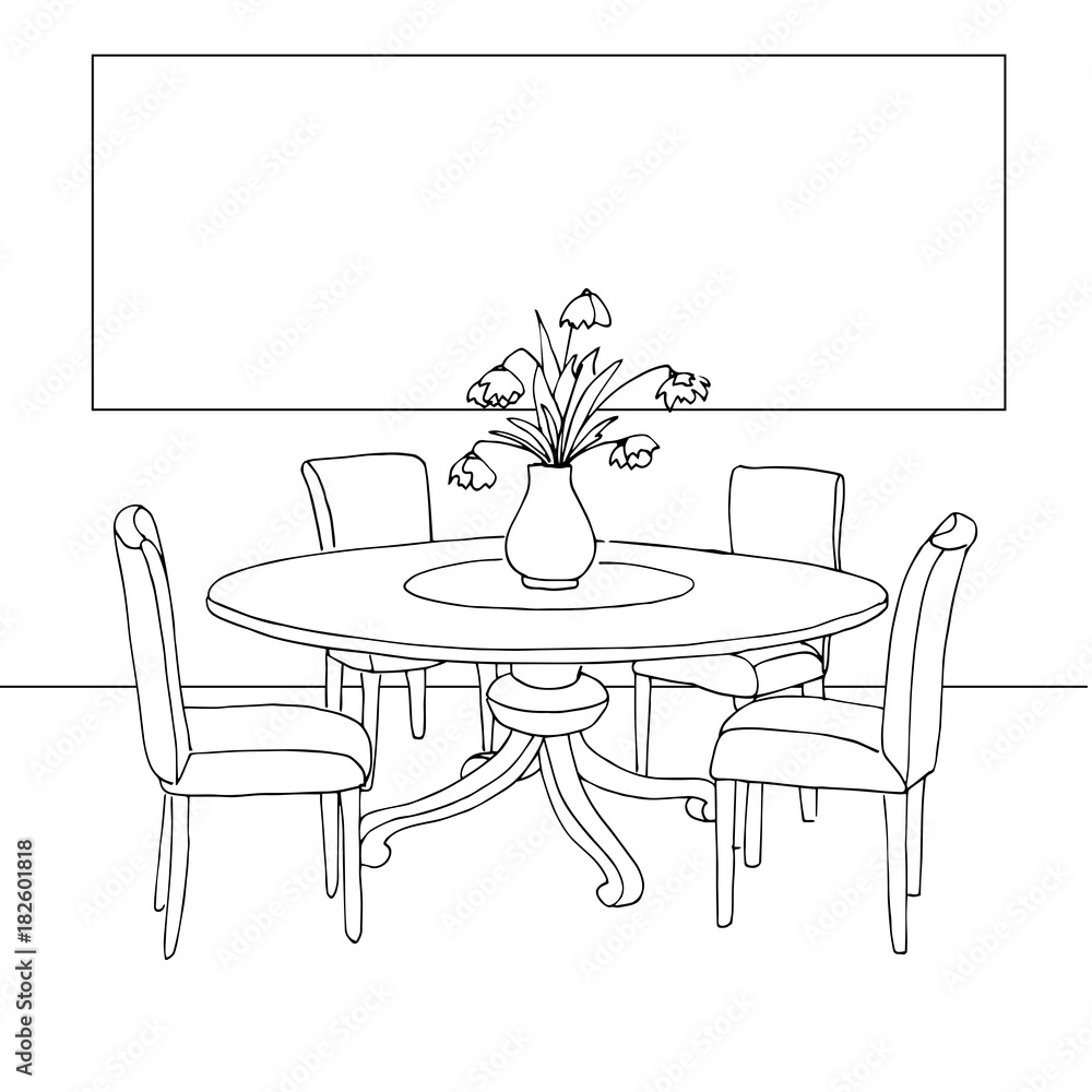 Part of the dining room. Table and chairs.On the table vase of flowers. Frame on the wall for Fitting Your information. Hand drawn sketch.Vector illustration. Part of the dining room. Table and chairs.On the table vase of flowers. Frame on the wall for Fitting Your information. Hand drawn sketch.Vector illustration.
