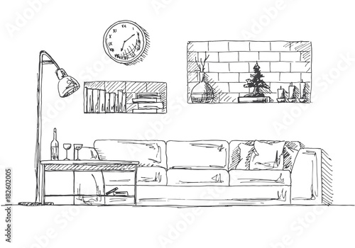Sofa, shelves in the wall, table and floor lamp. Hand drawn vector illustration of a sketch style.