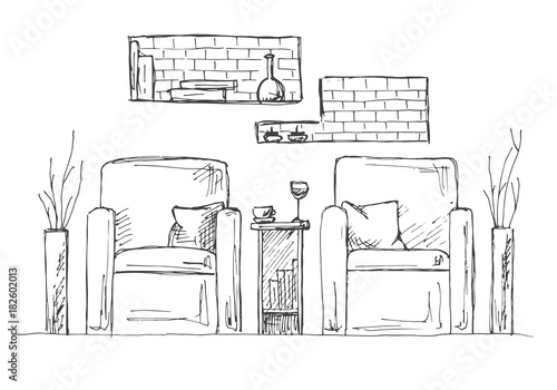 Two armchairs and a high table. Vase with flowers on the table. Hand drawn interior. Vector illustration in sketch style