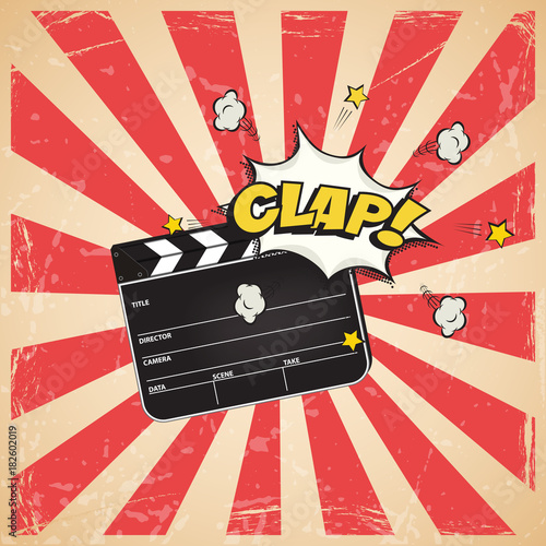 Clapperboard with Clap word on vintage striped pop art background. Vector retro cinema illustration.
