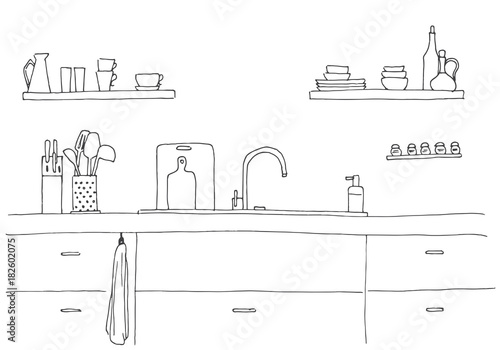 Kitchen sink. Kitchen worktop with sink. The sketch of the kitchen