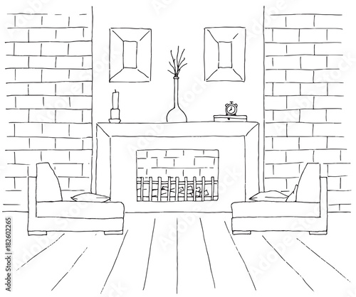 Two chairs in front of the fireplace. On the fireplace there is a vase and other decor items. Vector illustration in sketch style.