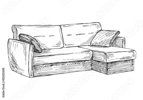 Sofa isolated on white background. Vector illustration in a sketch style.