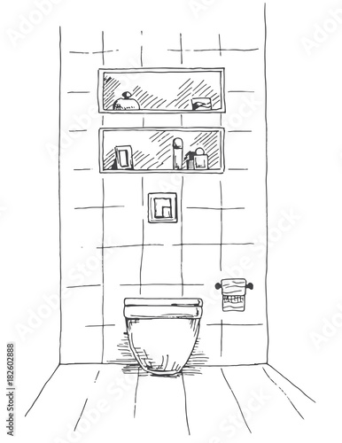 Hand drawn sketch. Linear sketch of an interior. Part of the bathroom. Vector illustration