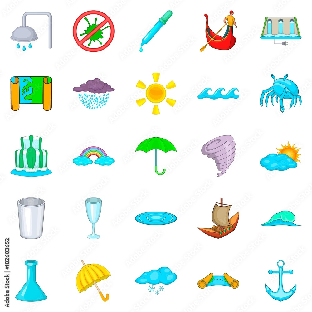 Water channel icons set, cartoon style