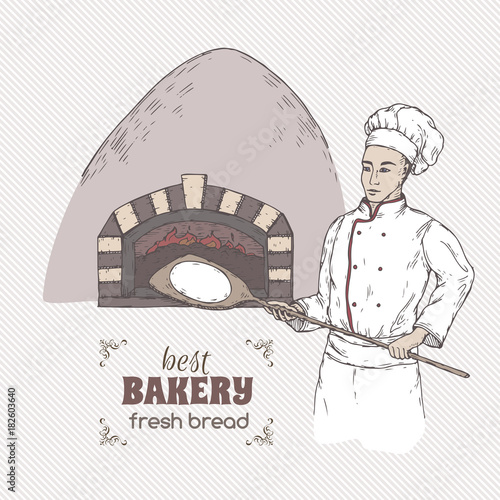 Bakery template with baker and stove color vector sketch.