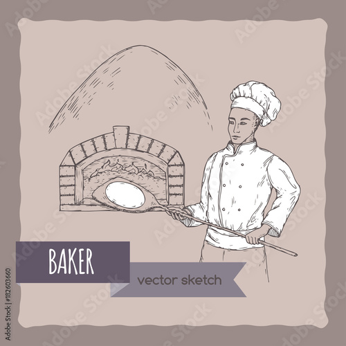 Baker and stove vector sketch.