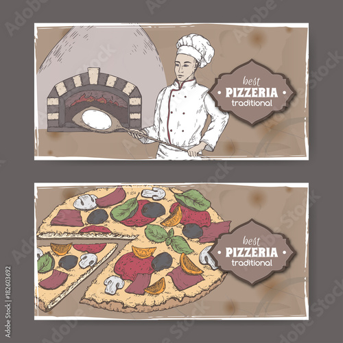Two landscape color pizzeria labels with baker, oven and pizza on cardboard.