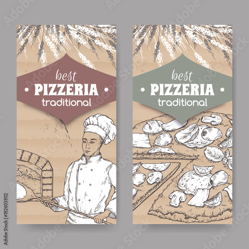 Two pizzeria labels with baker, oven and pizza on cardboard.