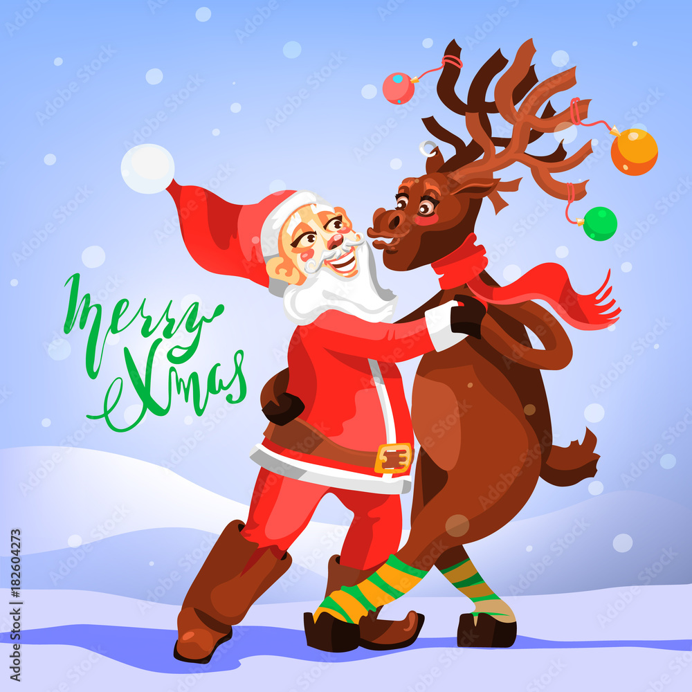 Dancing Santa Claus with Christmas Reindeer. Funny and cute Merry Christmas greeting card. Tango dancers - Santa with deer. Cartoon, adorable characters Stock Vector | Adobe Stock Dancing Santa Claus with Christmas Reindeer. Funny and cute Merry Christmas greeting card. Tango dancers - Santa with deer. Cartoon, adorable characters Stock Vector | Adobe Stock