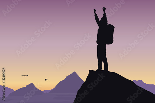 Vector illustration of a mountain landscape with a tourist on top of rock celebrating success