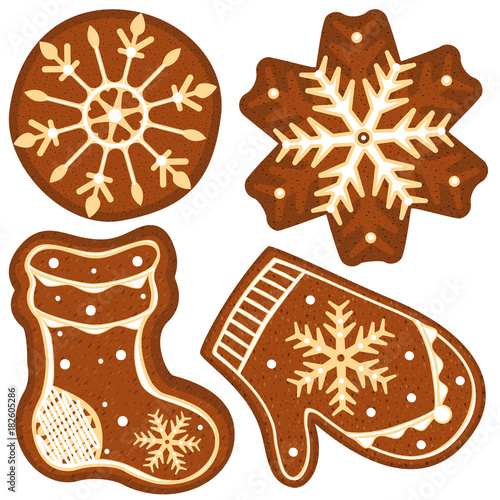 Gingerbread sock, glove and snowflakes colorful bright poster.