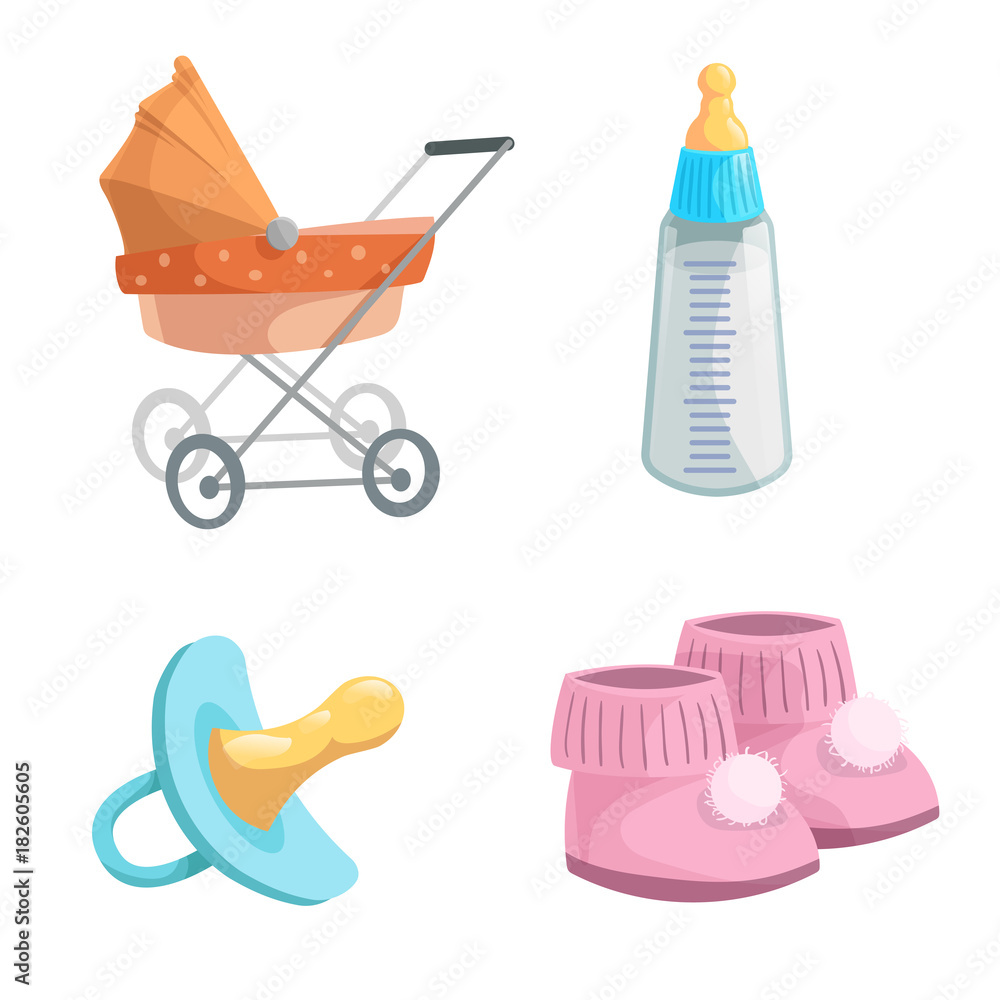 Cartoon baby accessories icons set. Girl pink baby booties, rubber dummy,  orange bed pram and feed bottle with milk. Vector illustration. Stock  Vector | Adobe Stock