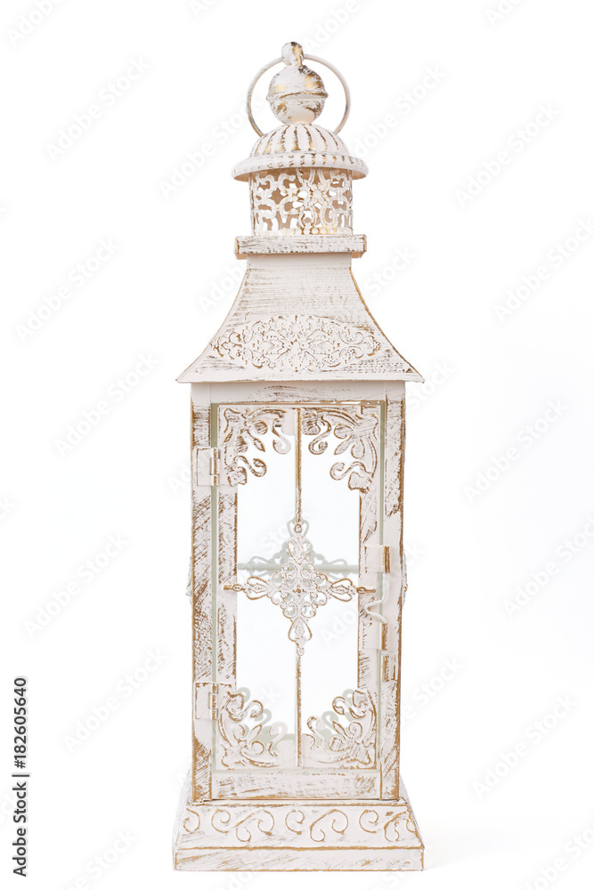 Candle lantern on white background. Isolated white lantern. Decorative candle holder. Candle lantern on white background. Isolated white lantern. Decorative candle holder.