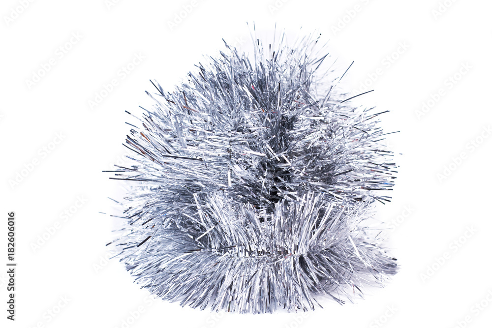 Silver tinsel in round shape. Silver shiny Christmas garland isolated on white background. Vibrant Christmas holidays decorative element. Silver tinsel in round shape. Silver shiny Christmas garland isolated on white background. Vibrant Christmas holidays decorative element.